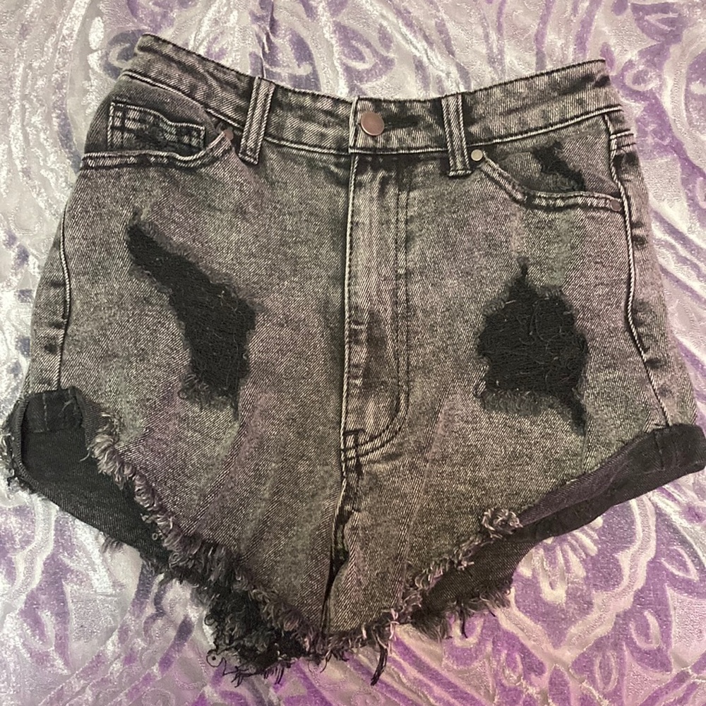 Black distressed high waisted denim shorts, size 5
